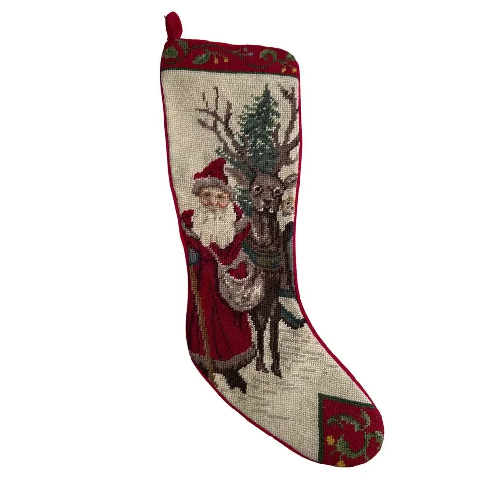 Vintage Wool Needlepoint Christmas Stocking 20” Olde Santa With Reindeer Lined